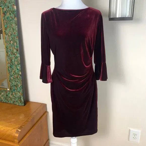 Ralph Lauren XL Velvet Ruched Stretch Dress Wine Red Bell Sleeve Formal Holiday - Picture 2 of 10